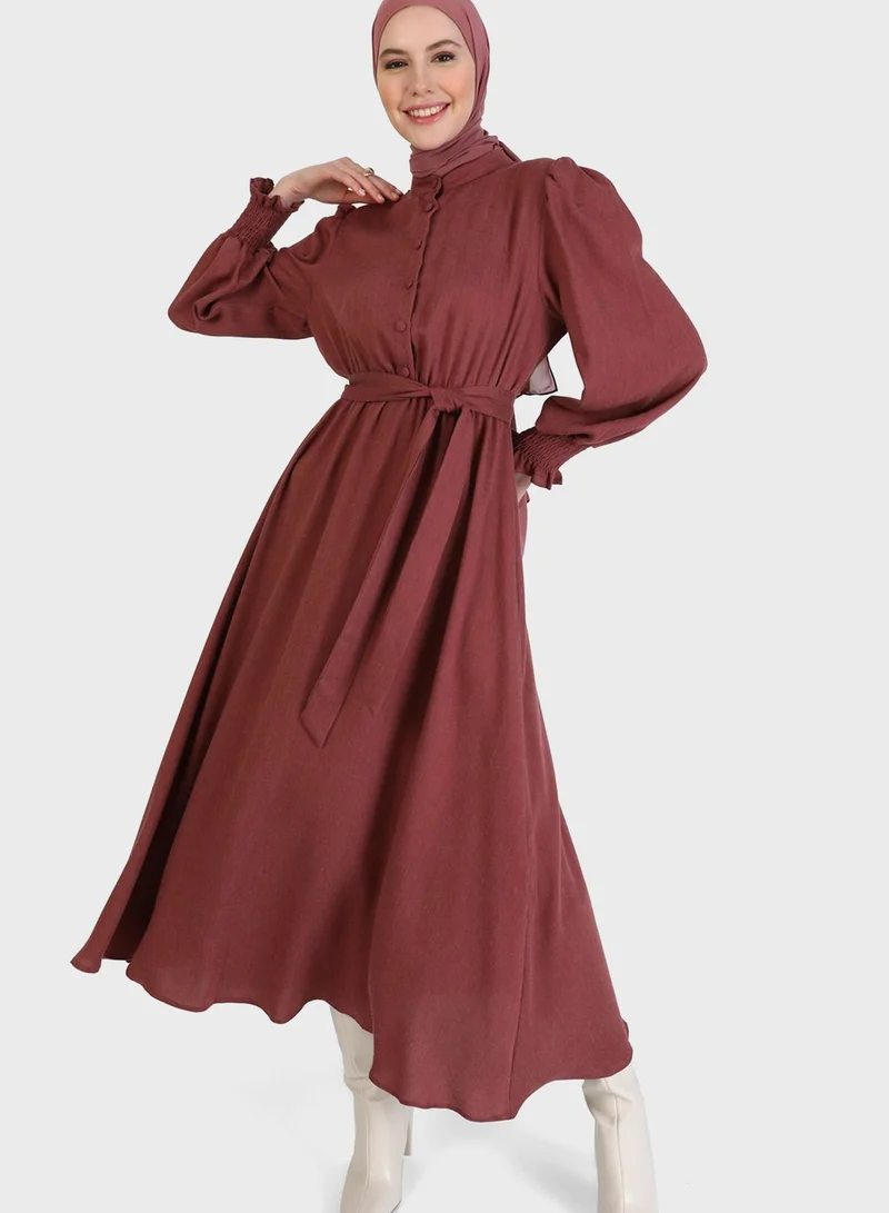 Refka by modanisa Shirred Balloon Sleeve Belted Dress
