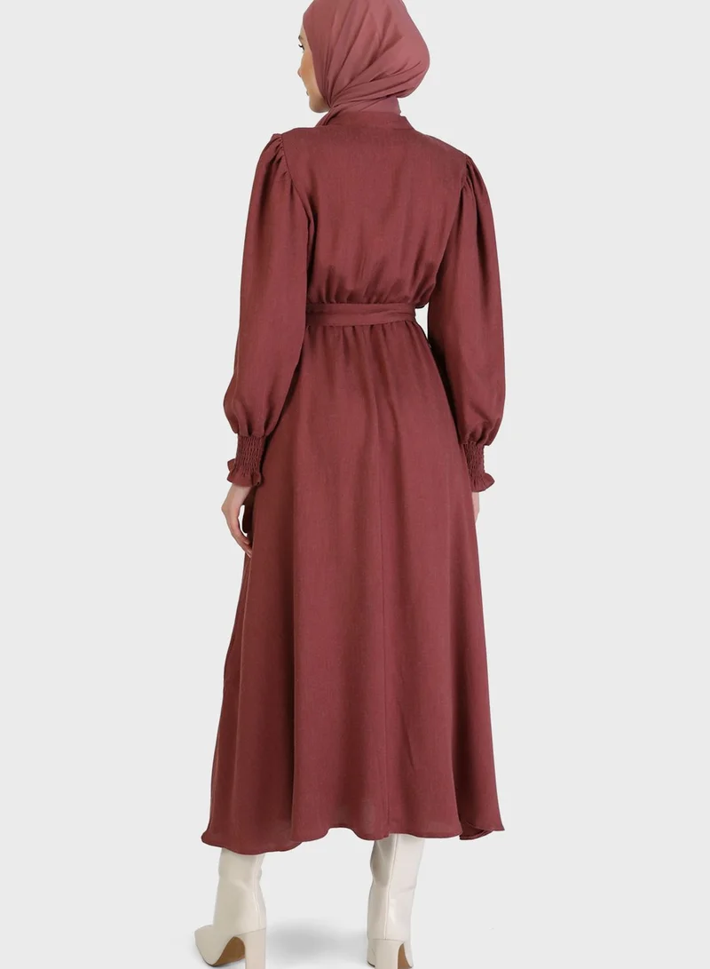 Refka by modanisa Shirred Balloon Sleeve Belted Dress