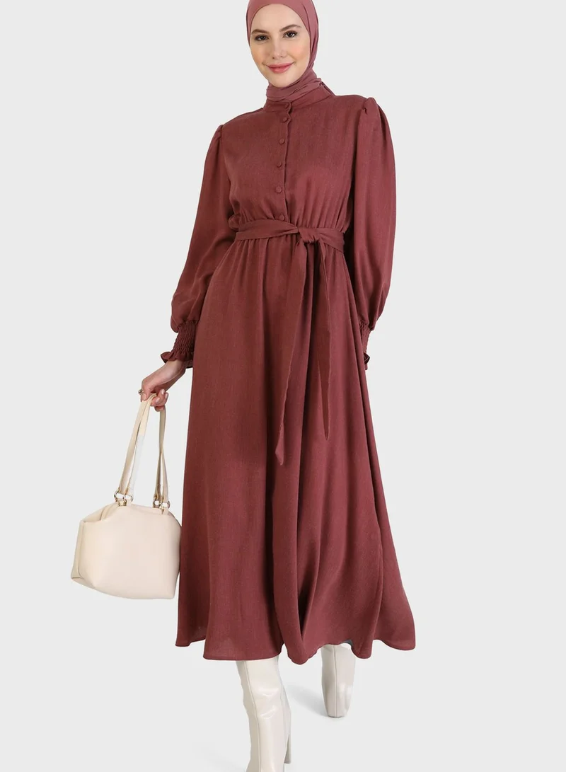 Refka by modanisa Shirred Balloon Sleeve Belted Dress
