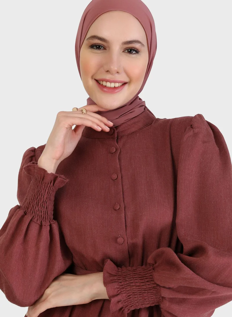 Refka by modanisa Shirred Balloon Sleeve Belted Dress