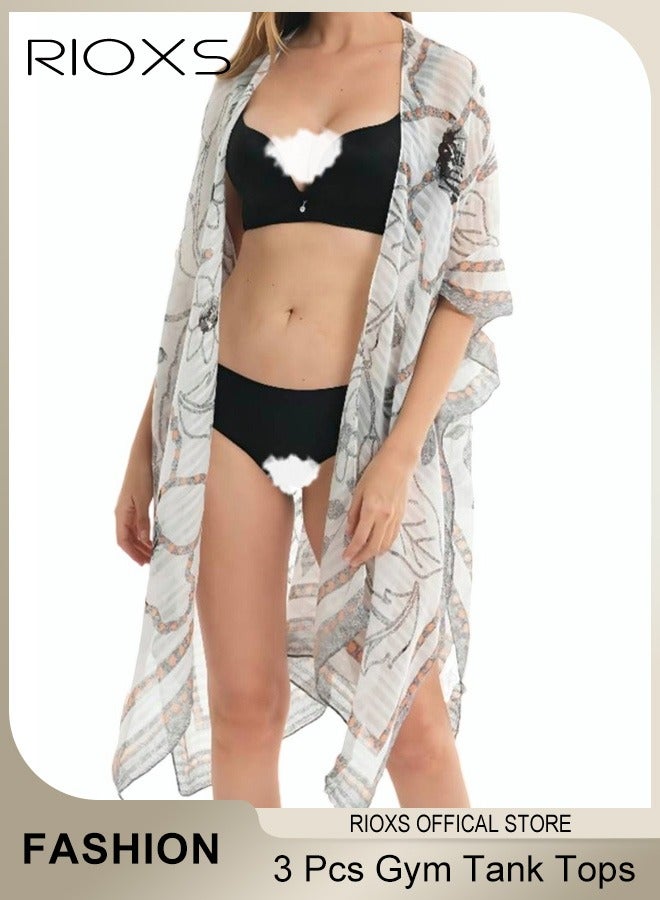RIOXS Kaftan Kimono Swimwear Women Short Sleeve Floral Print Cardigan Kaftan Open Front Beach Wear Kaftan  - Image 1