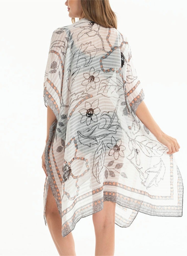RIOXS Kaftan Kimono Swimwear Women Short Sleeve Floral Print Cardigan Kaftan Open Front Beach Wear Kaftan  - Image 2