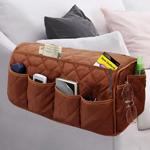 MEHIDFY Armchair Caddy, Waterproof Sofa Armrest Organizer, Non Slip Recliner Organizer, Remote Holder for Recline, Recliner Caddy with 14 Pockets Storage for TV Remote, Phone, Magazine (Brownish Red) - Image 1