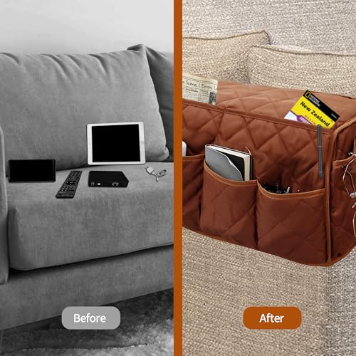 MEHIDFY Armchair Caddy, Waterproof Sofa Armrest Organizer, Non Slip Recliner Organizer, Remote Holder for Recline, Recliner Caddy with 14 Pockets Storage for TV Remote, Phone, Magazine (Brownish Red) - Image 3