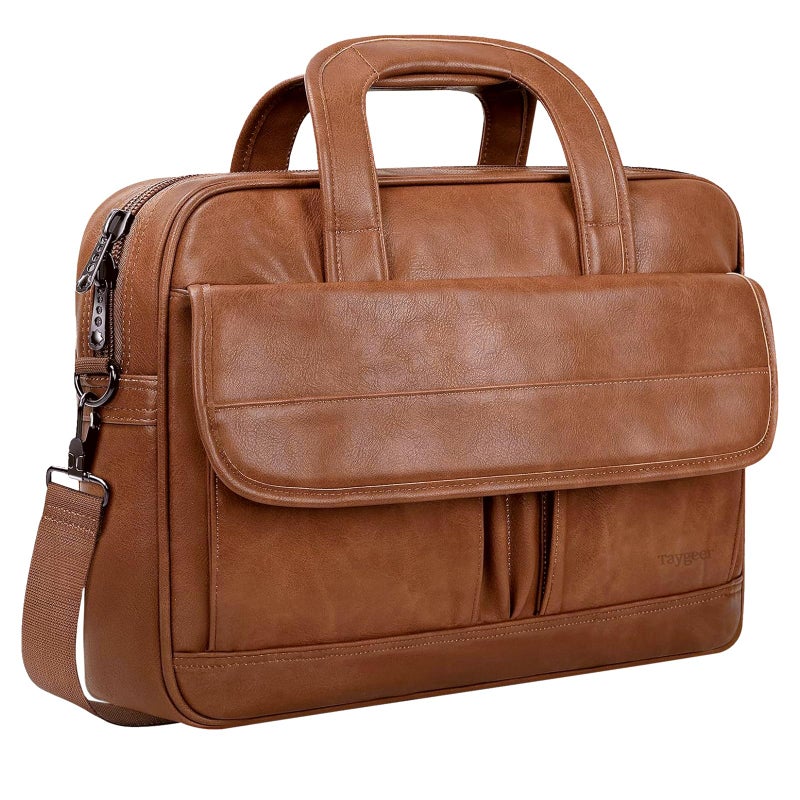 Taygeer Leather Laptop Bag for Men Women, Premium Laptop Briefcase Fits Up to 15.6 Inch Notebook, Waterproof Portable Shoulder Messenger Crossbody Bag Carry On Case for Travel Business Office, Brown - Image 1