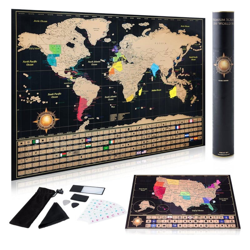 InnovativeMap Scratch Off World Map Poster and Detailed United States Map, Includes Complete Accessories Set and All Country Flags, World Maps for Wall, Fun Gifts for Travelers - Image 1