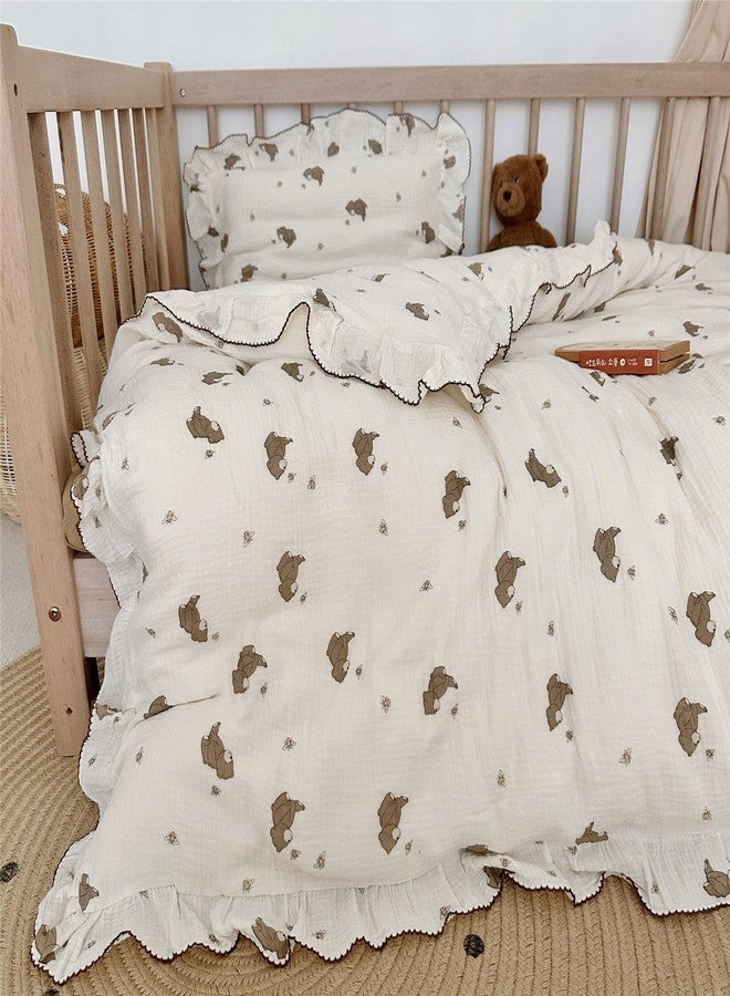 AOJIM Kids Bedding Duvet Cover with Little Bee and Brown Bear, Cotton Toddler 2-Layer Gauze Muslin Comforter Cover 47X59'', Ruffled Design Baby Duvet Protector for Girls Boys, No Pillowcases or Quilt - Image 4