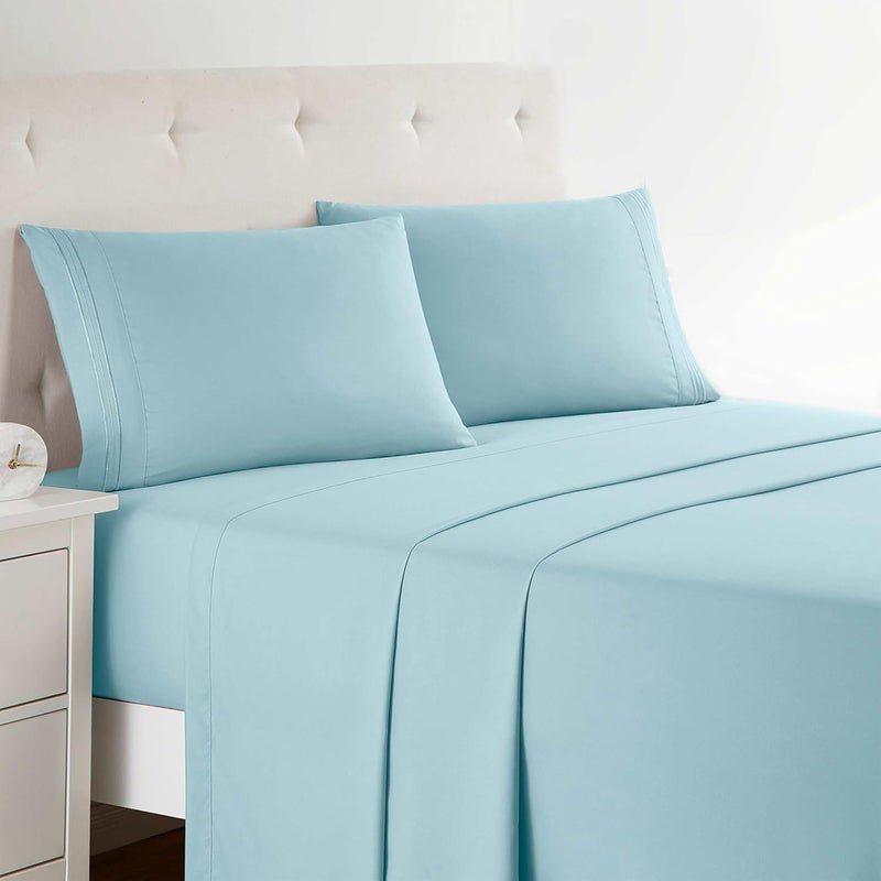 Clara Clark Bed Sheets, Premier 1800 Series 4 Piece Bed Sheet Set, Deep Pocket, Wrinkle, Fade, Stain Resistant, Luxury Soft Bedding Sheets & Pillowcases, Split King, Light Blue Aqua - Image 1