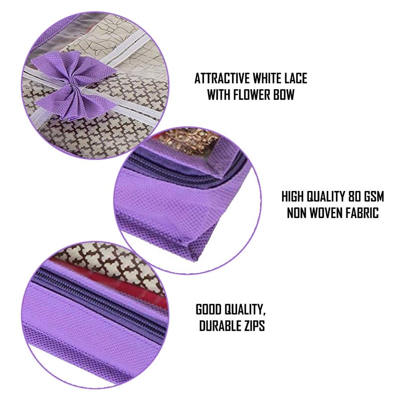 DIKHAWA 24 Piece Transparent View Non Woven Flower Design Attractive bow Saree Cover Storage Bags, Cloth Cover, 80gsm fabric (17X13X3 IN_PURPLE) - Image 4