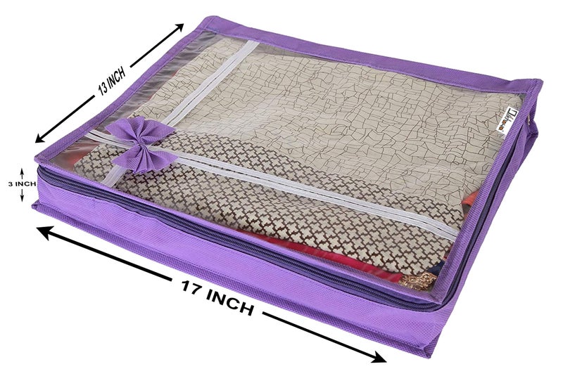 DIKHAWA 24 Piece Transparent View Non Woven Flower Design Attractive bow Saree Cover Storage Bags, Cloth Cover, 80gsm fabric (17X13X3 IN_PURPLE) - Image 3