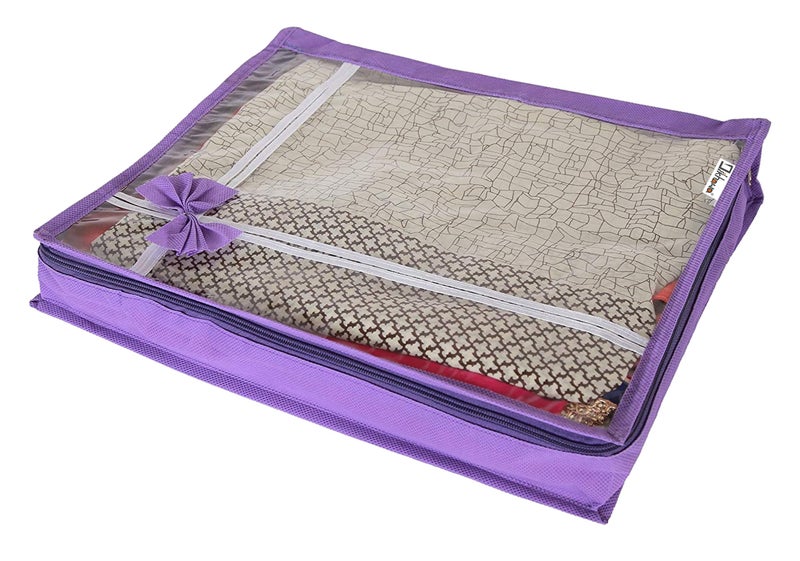 DIKHAWA 24 Piece Transparent View Non Woven Flower Design Attractive bow Saree Cover Storage Bags, Cloth Cover, 80gsm fabric (17X13X3 IN_PURPLE) - Image 2