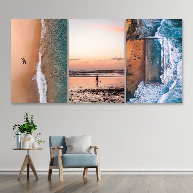 Marktna Three modern beach-themed canvas paintings with a hollow frame, measuring (150×70), three pieces - Image 1