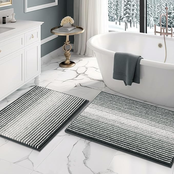 BSICPRO Bathroom Rugs and Mats Sets, 2 Piece Thick Absorbent Chenille Non Slip, Soft Shaggy Bath Room Floor Mats for Bathroom, Machine Washable (Blue Grey, 20" x 32" Plus 16" x 24") - Image 1