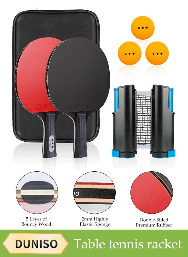 DUNISO Table Tennis Paddle Set, Portable Table Tennis Set with 2 Long-Handled Table Tennis Rackets, 4 Balls, Retractable Net and Carry Bag, Suitable For Skill Development, Indoor Table Tennis And Outdoor Sports - Image 1