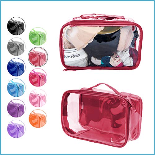 EzPacking Small Clear Travel Packing Cube/See Through PVC Plastic Pouch for Carry On Suitcase, Backpack or Diaper Bag/Transparent Multipurpose Accessories, Makeup & Underwear Organizer w/Handle (Burgundy) - Image 2