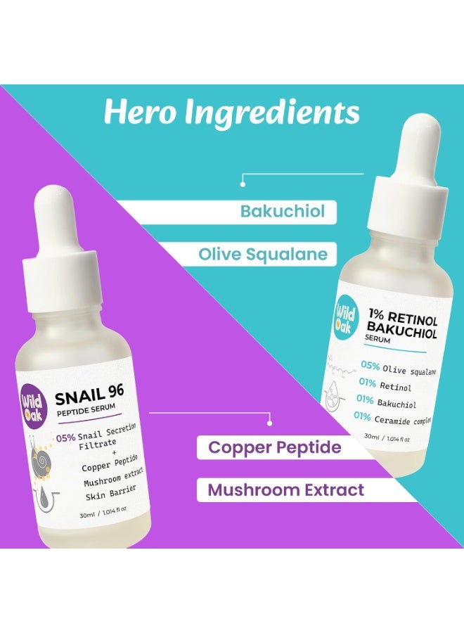 WILD OAK WildOak Anti-Aging Serum Combo: 1% Retinol & Bakuchiol Serum + Snail 96 Peptide Serum | Anti-Wrinkle| Firming| Hydration| Brightening| Fine Line Reduction| Collagen Boost for Youthful Skin | 30ml Each - Image 2