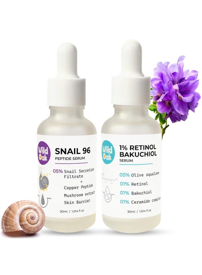 WILD OAK WildOak Anti-Aging Serum Combo: 1% Retinol & Bakuchiol Serum + Snail 96 Peptide Serum | Anti-Wrinkle| Firming| Hydration| Brightening| Fine Line Reduction| Collagen Boost for Youthful Skin | 30ml Each - Image 1