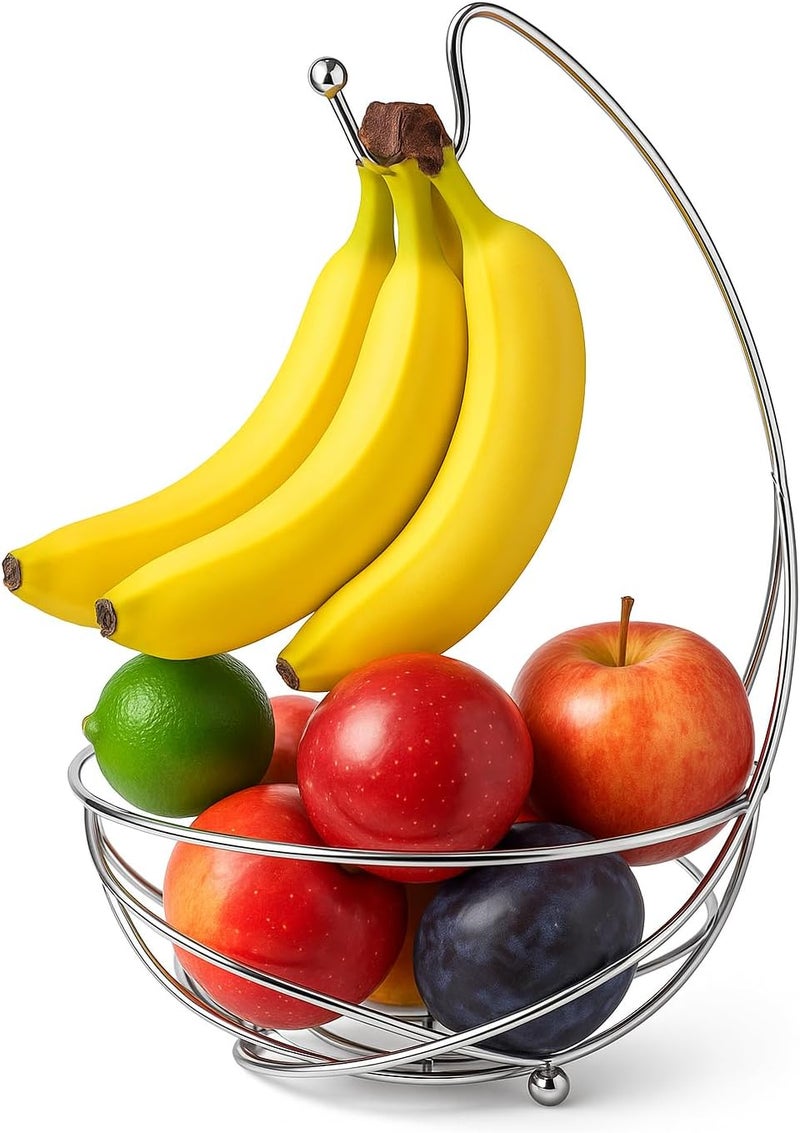 BNYD Chrome Fruit Bowl with Banana Holder  14 Countertop Wire Basket with Banana Hook Modern Fruit Basket with Banana Tree Hanger for Kitchen Table or Island Storage - Image 1