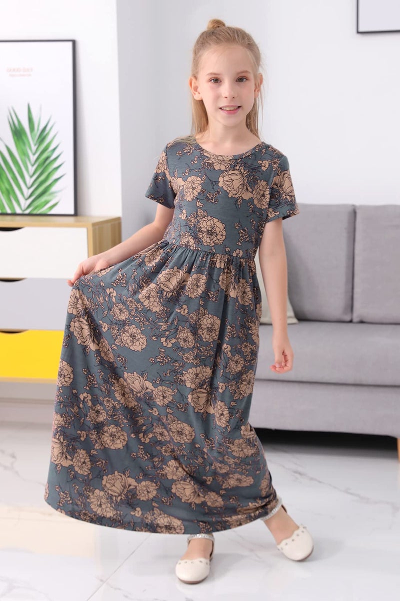 GORLYA Girl's Short Sleeve Floral Print Loose Casual Holiday Long Maxi Dress with Pockets (14Years/Height:160cm, Gray Print) - Image 4