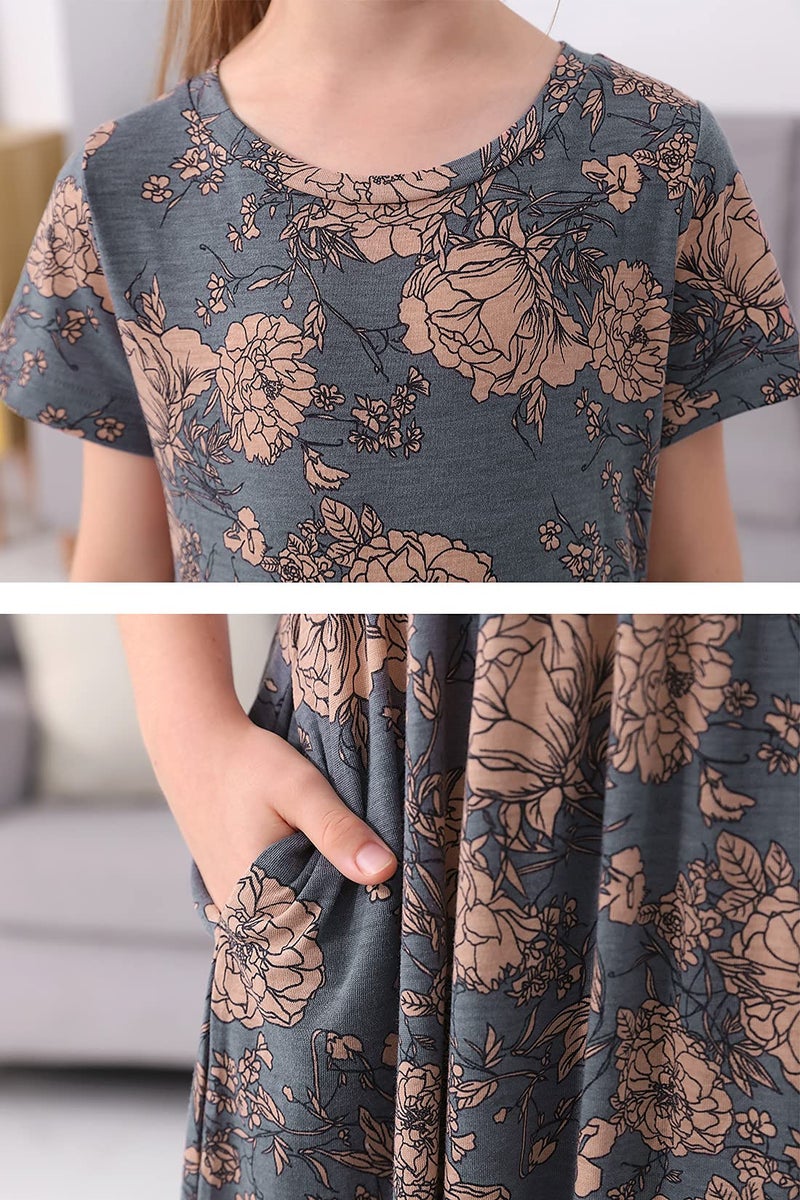 GORLYA Girl's Short Sleeve Floral Print Loose Casual Holiday Long Maxi Dress with Pockets (14Years/Height:160cm, Gray Print) - Image 5