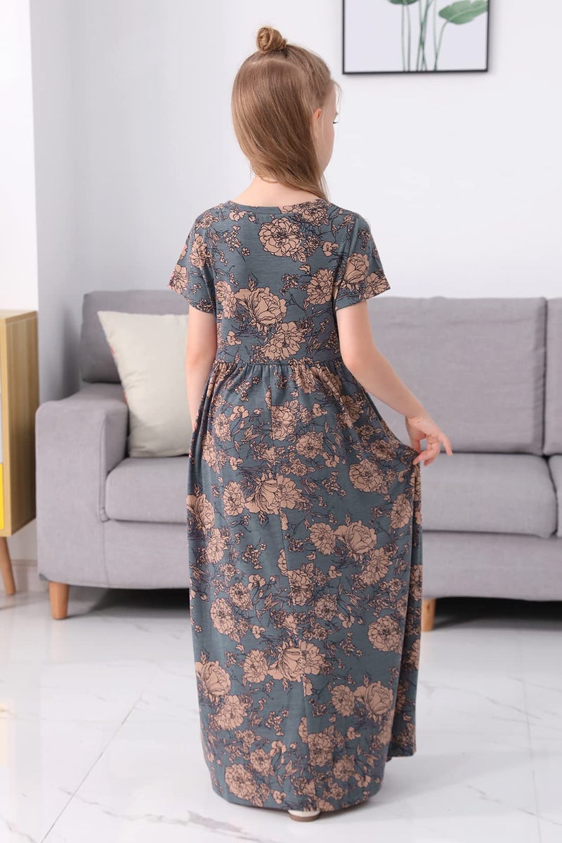GORLYA Girl's Short Sleeve Floral Print Loose Casual Holiday Long Maxi Dress with Pockets (14Years/Height:160cm, Gray Print) - Image 2