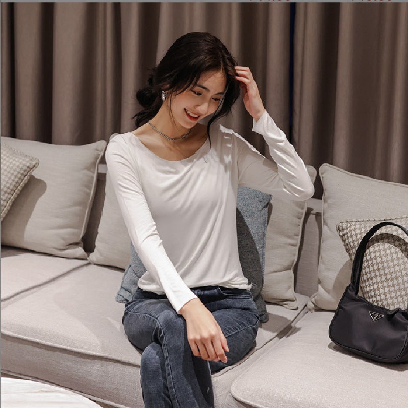 Modal Seamless Base Shirt Women'S Solid Color Thin Elastic Upper Body Large Round Neck Long Sleeve T-Shirt - Image 4