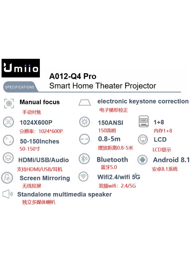 Umiio Umiio Q4 Pro 4K Android Smart Projector | 5G WiFi, Bluetooth 5.2, Dual Wireless Game Controllers, 150” Display, HDMI & USB, Portable Home Theater  - Image 3