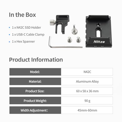 Nitze Universal SSD Mount for Samsung T5 / T7 / T7 Shield / T9 and SanDisk, with USB-C Cable Clamp, Compatible with 45 to 60mm Wide SSDs - N42C - Image 2