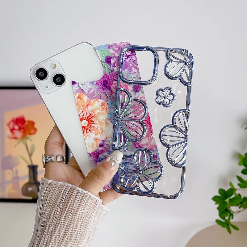 Mobistyle Designed for iPhone 13 Cover| Electroplating Bling Colourful Floral 3D TPU Camera Protection Back Cover Case for Women Girls (Blue) - Image 4