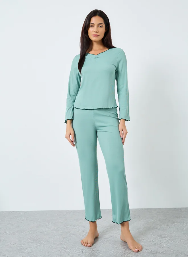 تايك تو Take Two Green Ribbed Ruffle Hem T-Shirt and Pyjama Set