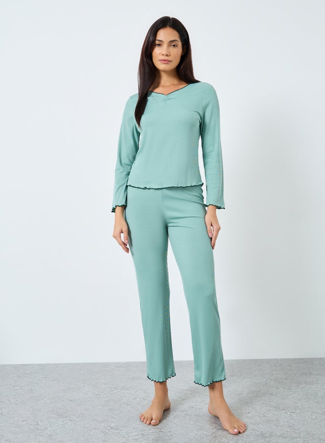 تايك تو طقم بيجامة وتيشيرت بحافة مكشكشة وضلوع خضراء - Image 2