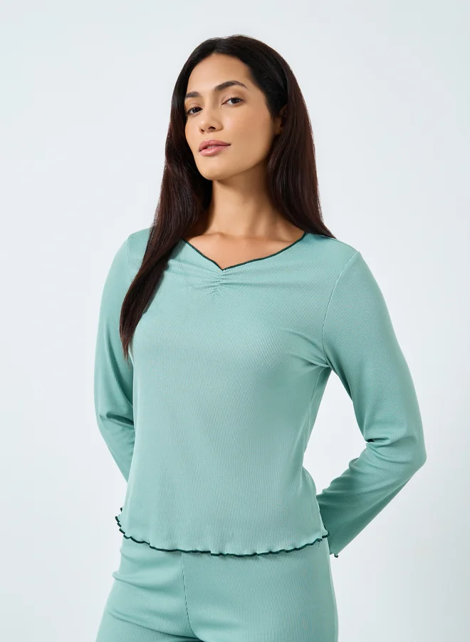 Take Two Take Two Green Ribbed Ruffle Hem T-Shirt and Pyjama Set