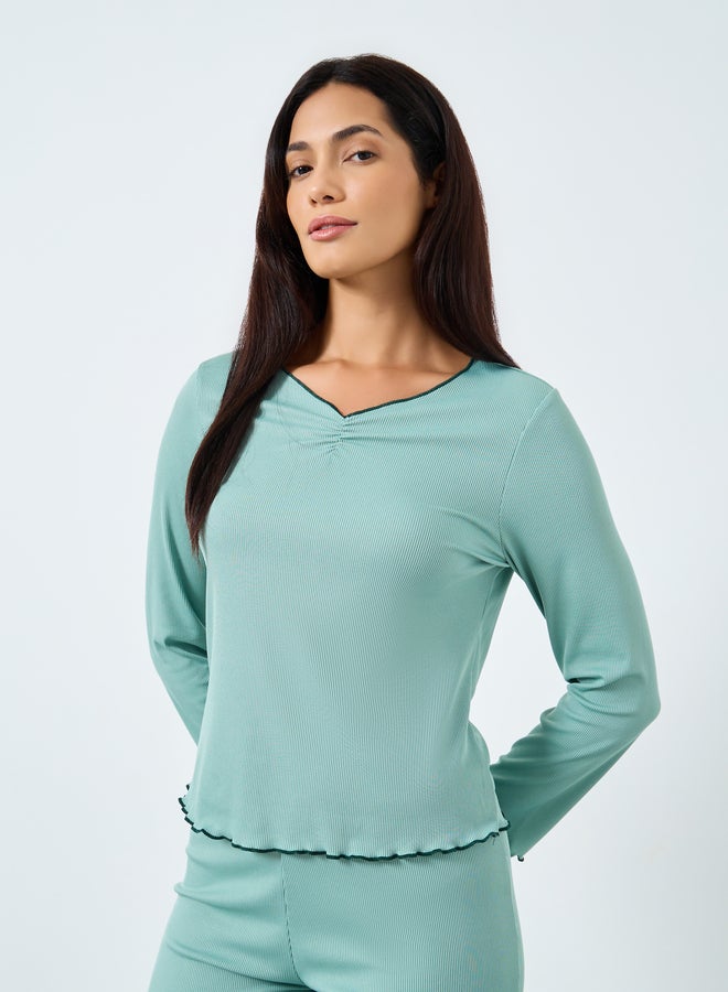 تايك تو طقم بيجامة وتيشيرت بحافة مكشكشة وضلوع خضراء - Image 3