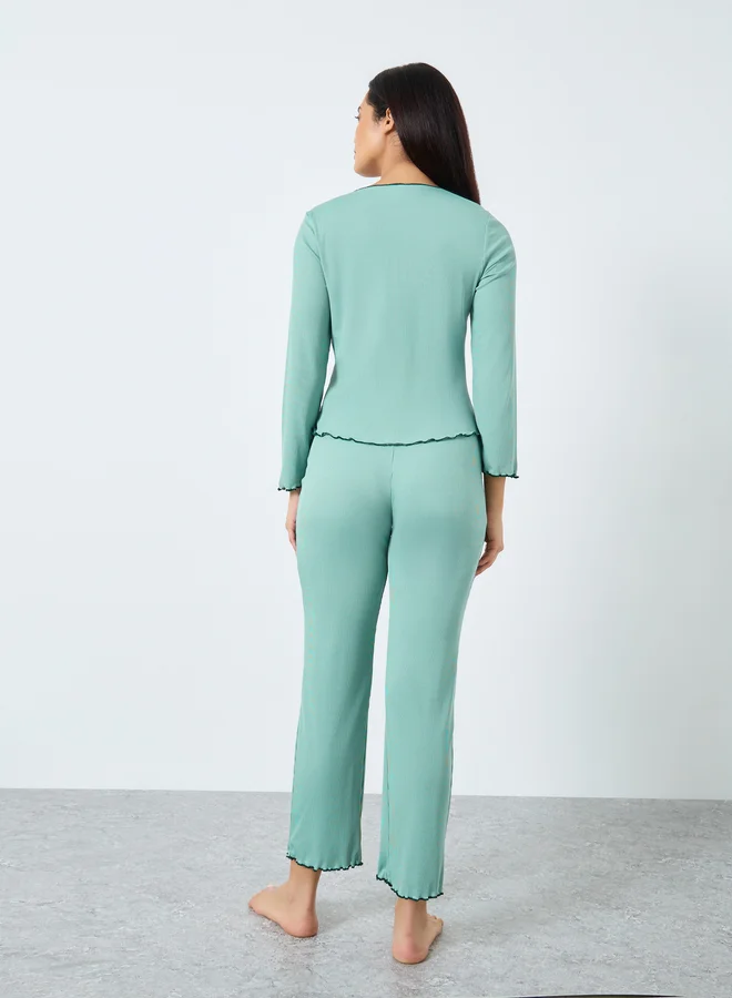 Take Two Take Two Green Ribbed Ruffle Hem T-Shirt and Pyjama Set