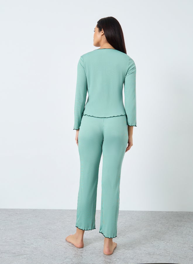 تايك تو طقم بيجامة وتيشيرت بحافة مكشكشة وضلوع خضراء - Image 4