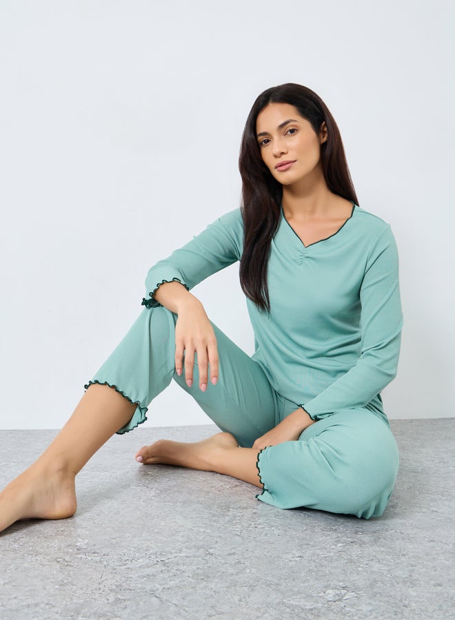 تايك تو طقم بيجامة وتيشيرت بحافة مكشكشة وضلوع خضراء - Image 1