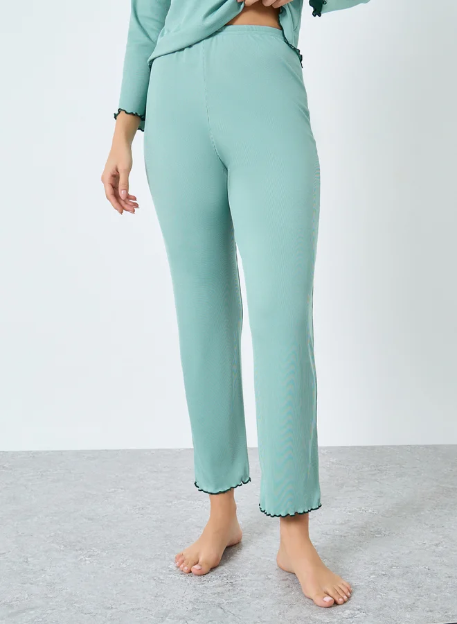 Take Two Take Two Green Ribbed Ruffle Hem T-Shirt and Pyjama Set