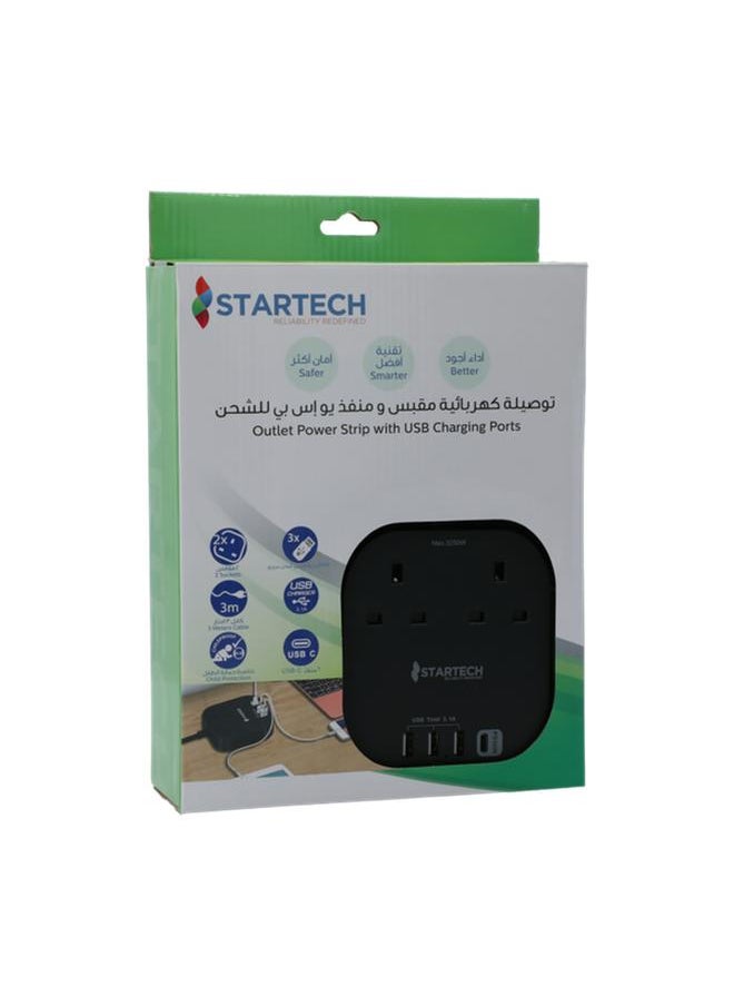 StarTech Portable Ergonomic Outlet Power Strip with USB Charging Port Black  - Image 2