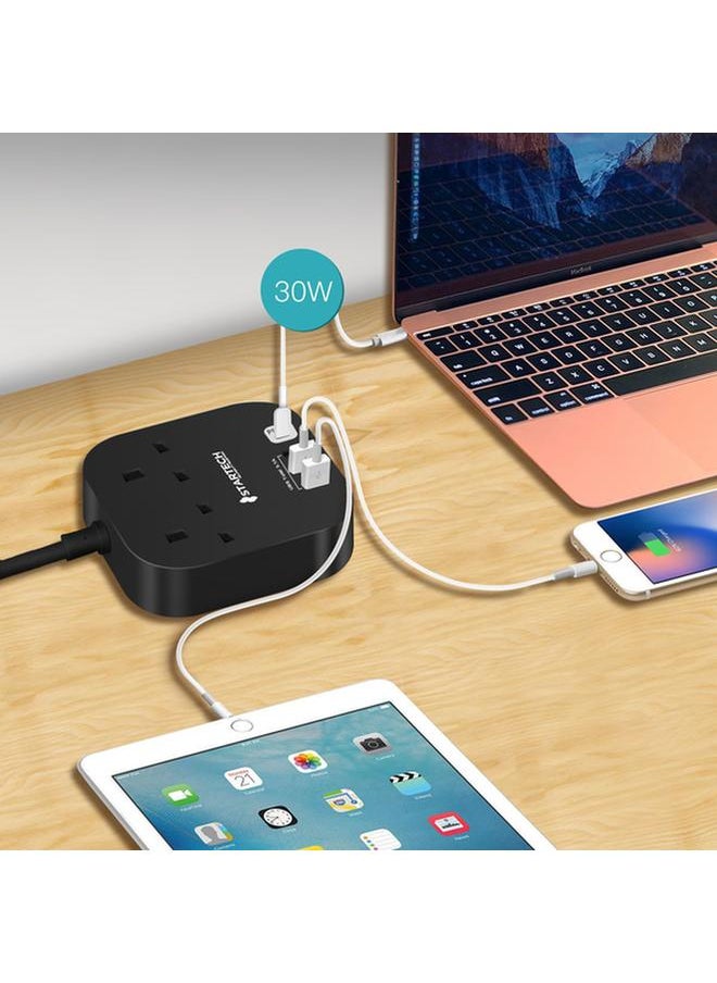 StarTech Portable Ergonomic Outlet Power Strip with USB Charging Port Black  - Image 1