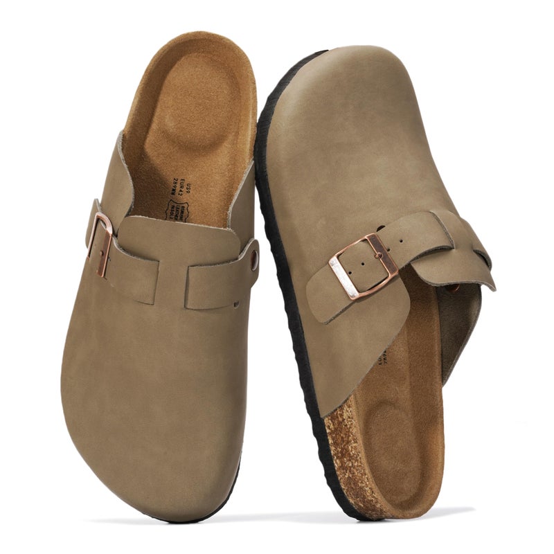 Project Cloud Mens Clogs - 100% Full Grain Genuine Leather Clogs for Men with Memory Foam Insole and Arch Support Natural Cork Footbed - Non Slip Mules Mens Slippers (Brooklyn,TAUPDIS,9.5)