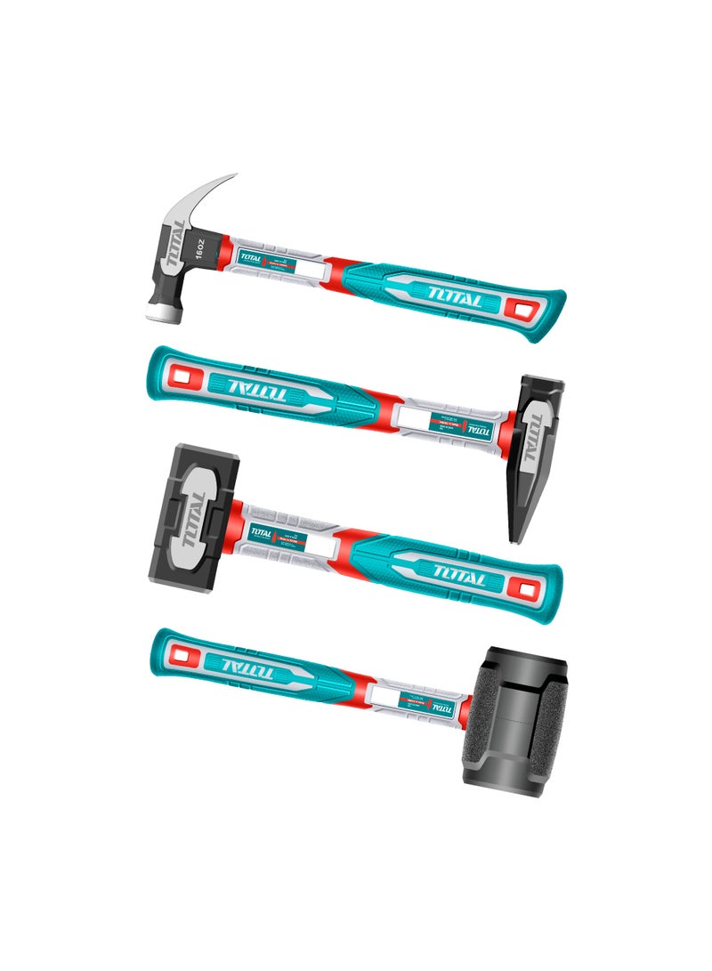 توتال طقم مطارق من توتال مكوّن من ٤ قطع، يشمل مطرقة مخلبية، ومطرقة ميكانيكي، ومطرقة حجر، ومطرقة مطاطية، برؤوس مطروقة ومقابض من الألياف الزجاجية - Image 1