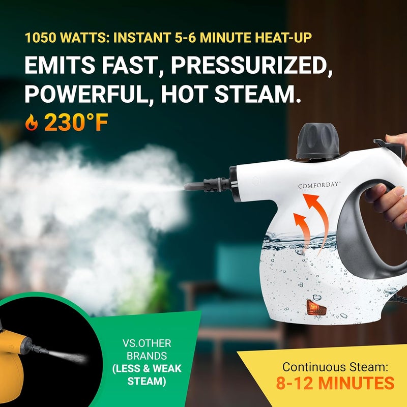 Comforday Multi-Purpose Steam Cleaner with 9-Piece Accessories, Pressurized Handheld Steam Cleaner, Perfect for Stain Removal, Curtains, Car Seats, Floor, Bathroom (White) - Image 2