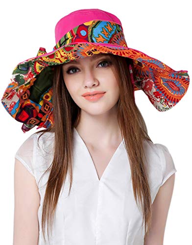 Fakeface Women's Foldable Floppy Reversible Travel Beach Sun Visor Hat Wide Brim UPF 50+ Rose Red - Image 2