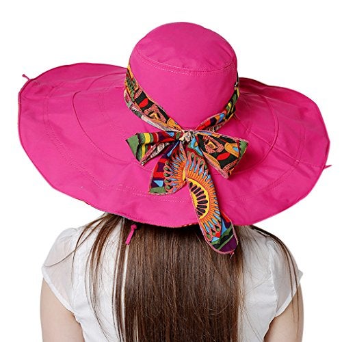 Fakeface Women's Foldable Floppy Reversible Travel Beach Sun Visor Hat Wide Brim UPF 50+ Rose Red - Image 3