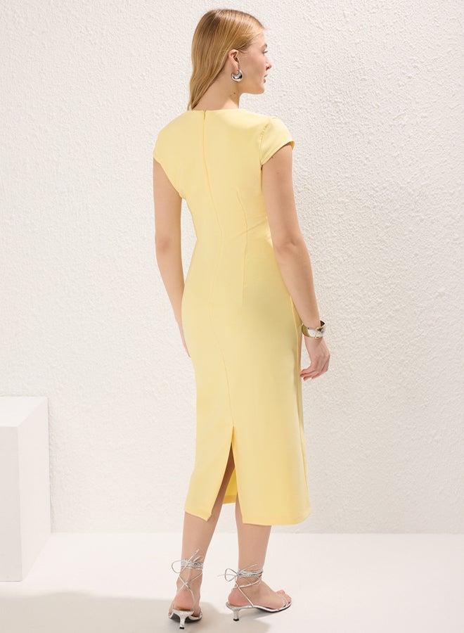 trendyol Light Yellow Belted Straight BodyHugging Midi Woven Dress - Image 5