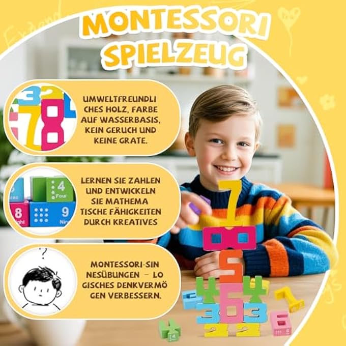 MONTESSORI WOODEN NUMBER BUILDING BLOCKS, MOTOR SKILLS TOY BUILDING BLOCKS, NUMBER RECOGNITION AND COLOUR STACKING GAME, MONTESSORI TOY FROM 3 YEARS (A COLOUR BOX + 15 CARDS) - Image 3