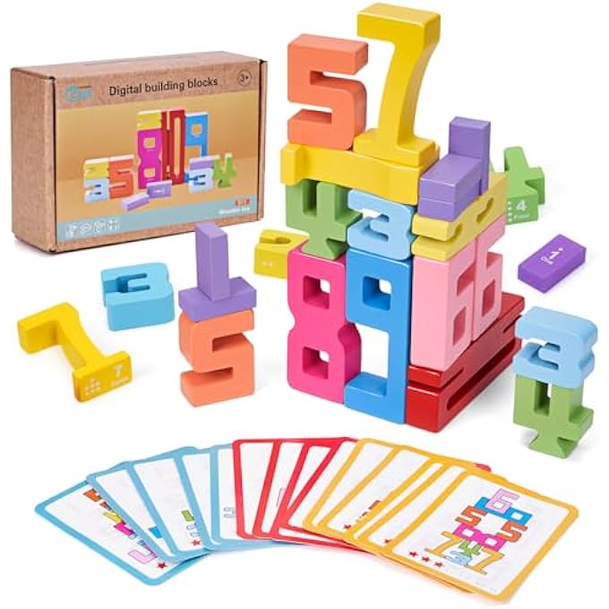 MONTESSORI WOODEN NUMBER BUILDING BLOCKS, MOTOR SKILLS TOY BUILDING BLOCKS, NUMBER RECOGNITION AND COLOUR STACKING GAME, MONTESSORI TOY FROM 3 YEARS (A COLOUR BOX + 15 CARDS) - Image 1