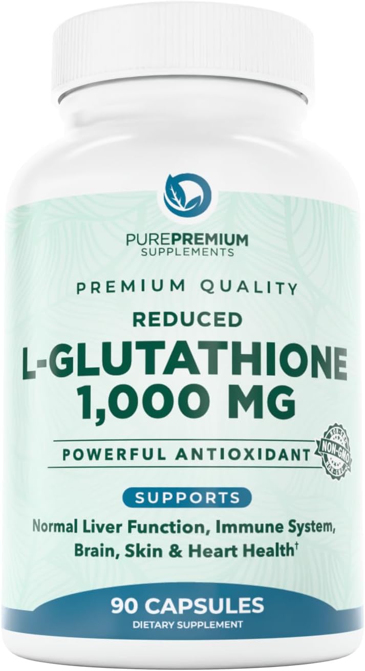 PUREPREMIUM SUPPLEMENTS جلوتاثيون مخفض نقي بريموم 1000 ملغ لكل حصة 500 ملغ لكل كبسولة مكمل جلوتاثيون مضاد للأكسدة لدعم الكبد الطبيعي والدماغ والبشرة وصحة القلب 90 كبسولة - Image 1