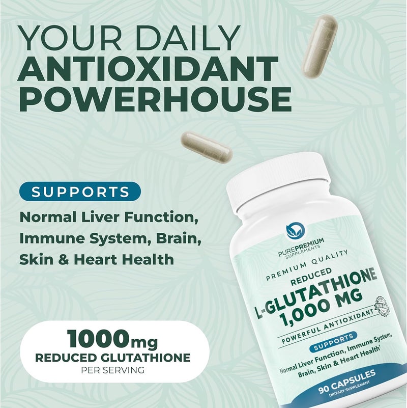PUREPREMIUM SUPPLEMENTS جلوتاثيون مخفض نقي بريموم 1000 ملغ لكل حصة 500 ملغ لكل كبسولة مكمل جلوتاثيون مضاد للأكسدة لدعم الكبد الطبيعي والدماغ والبشرة وصحة القلب 90 كبسولة - Image 2