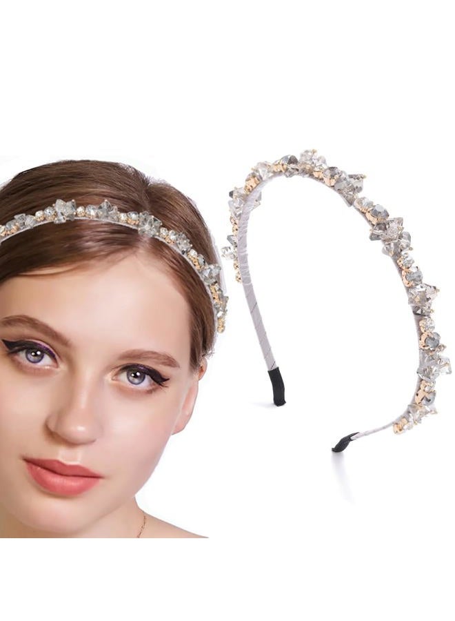 Urieo Thin Rhinestone Headband Bling Crystal Head Bands Diamond Hairband Vintage Parties Hair Accessory for Women (Gray) - Image 1